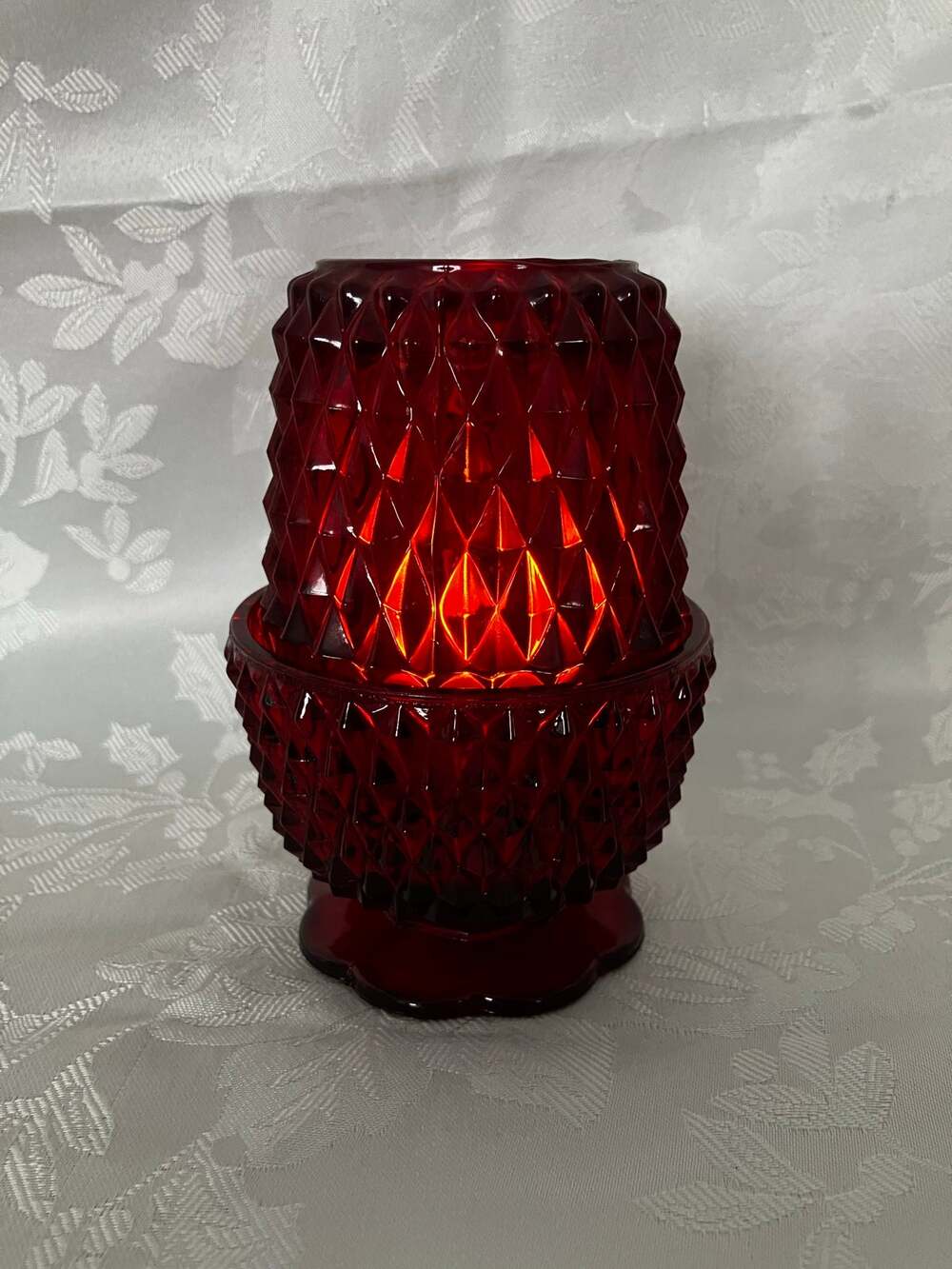 Vintage Indiana Glass Diamond Point Red Fairy Lamp Candle Holder Flashed Glass